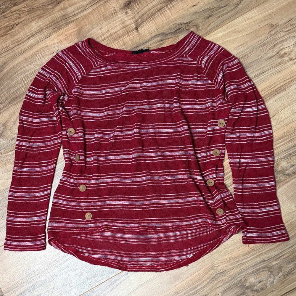 Mine Burgundy Striped Button-Accent Long Sleeve Top
